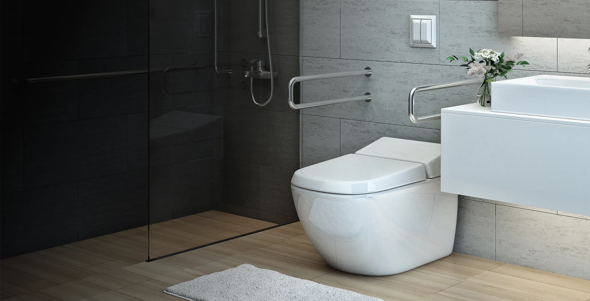 Modern bathroom with black wall tiles and white fixtures